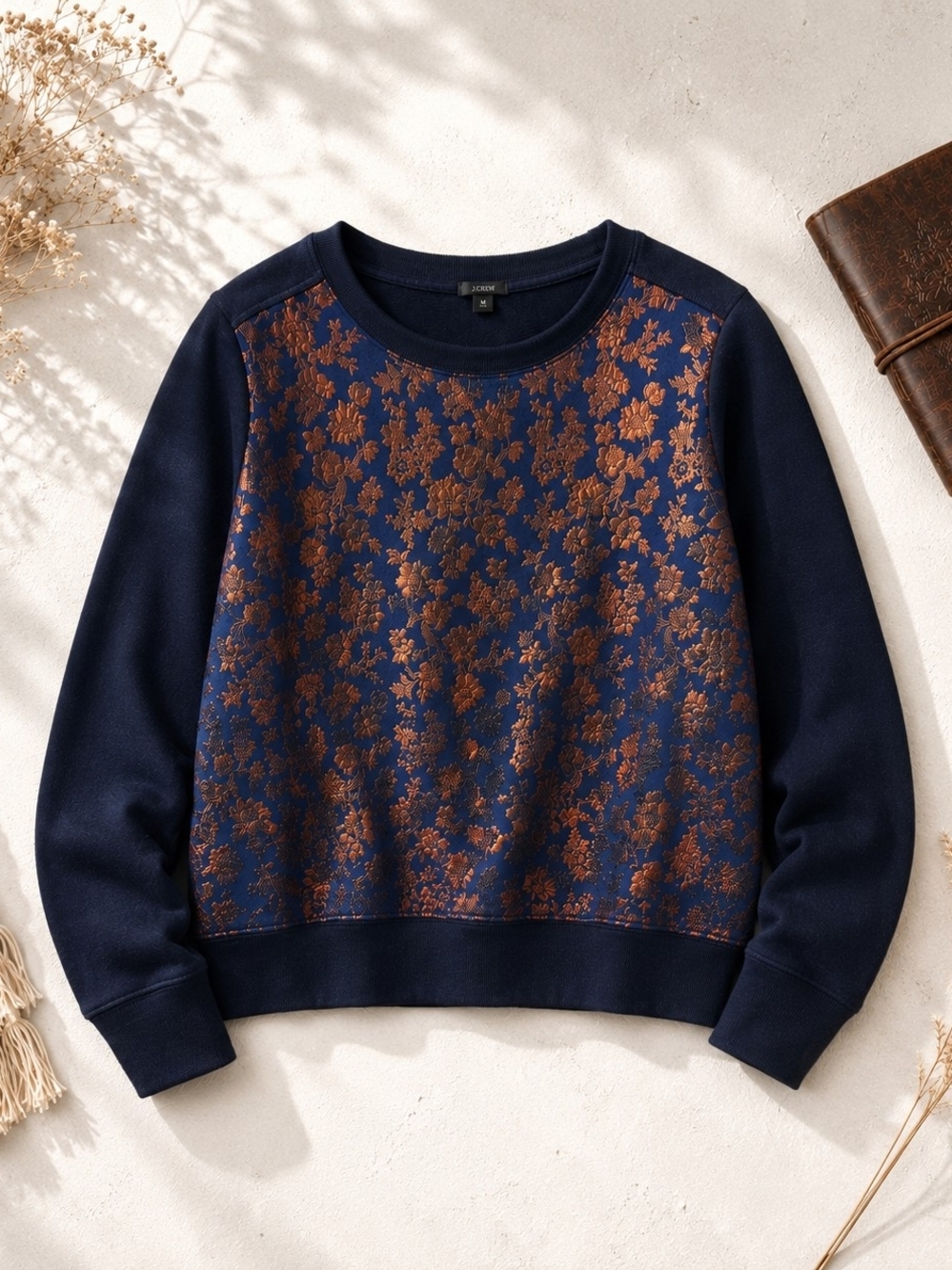 J.Crew Navy Metallic Copper Floral Sweatshirt | Women's Medium Shimmer Jacquard